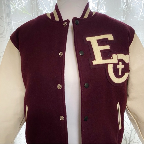 Vintage 1960’s burgundy dark red cream leather sleeves letterman jacket - Picture 2 of 7